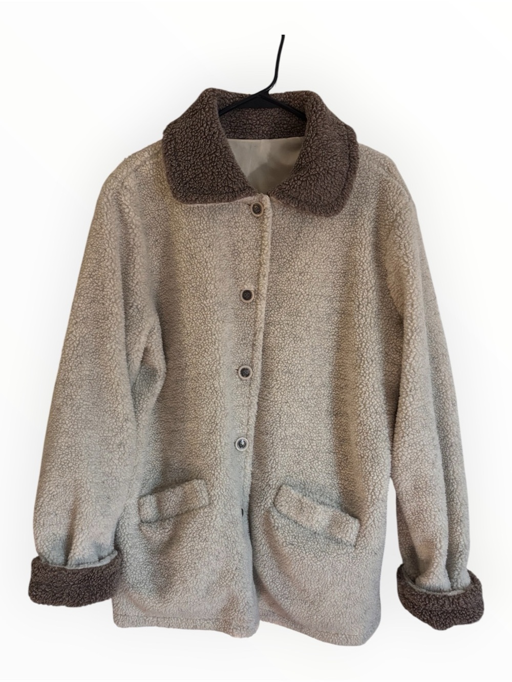Reversible Women's Teddy Sherpa Coat with Dark Brown Collar - Taupe
